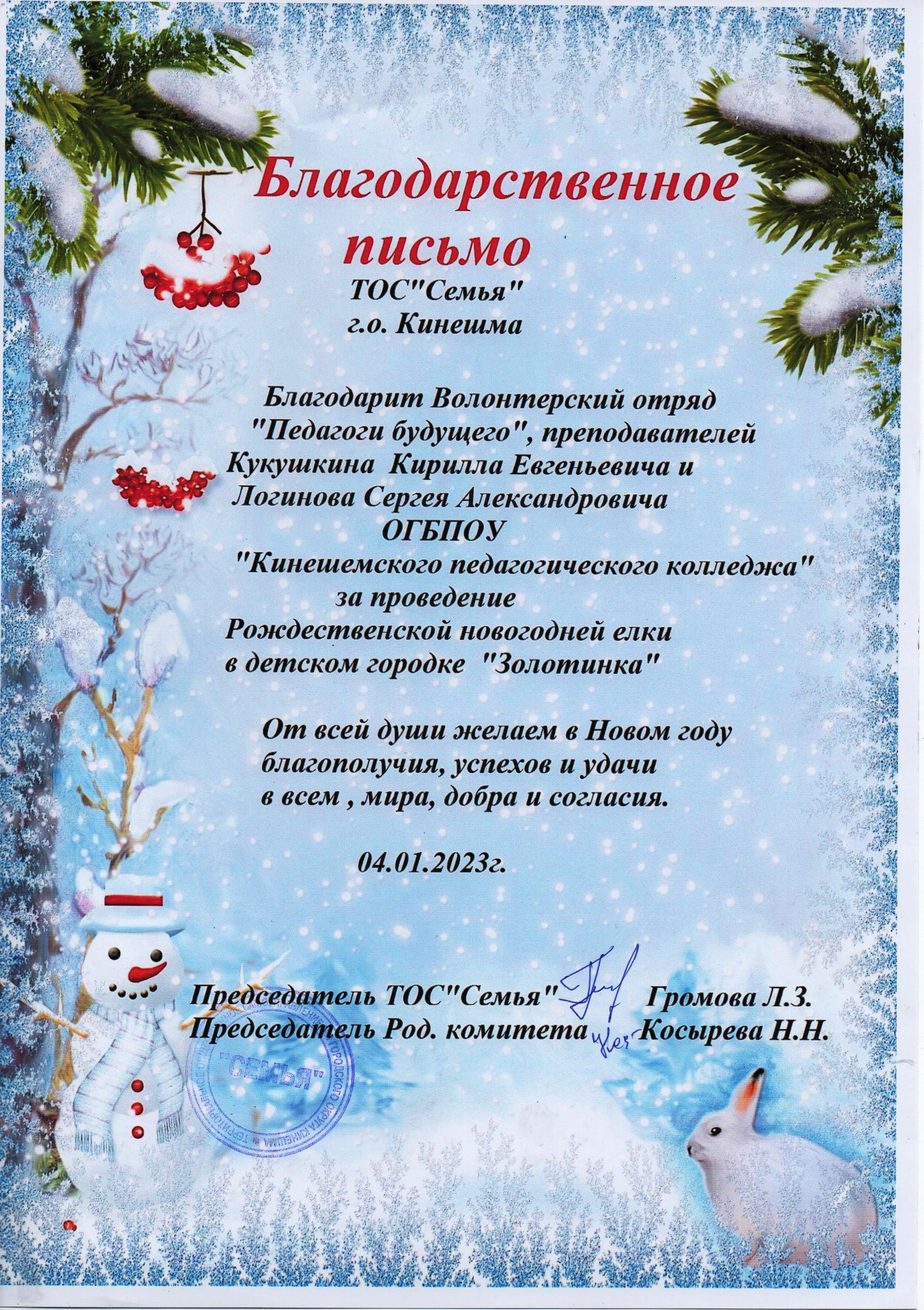 благодарность ТОС "Семья" новогодняя елка